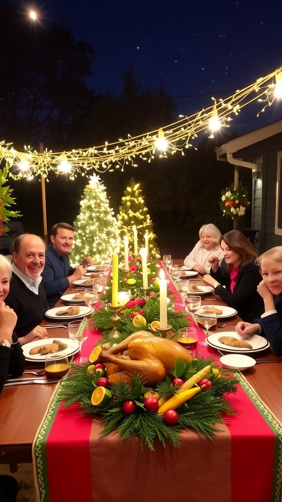 Outdoor Christmas dinner table with roasted turkey, seasonal vegetables, and festive decorations under twinkling lights.